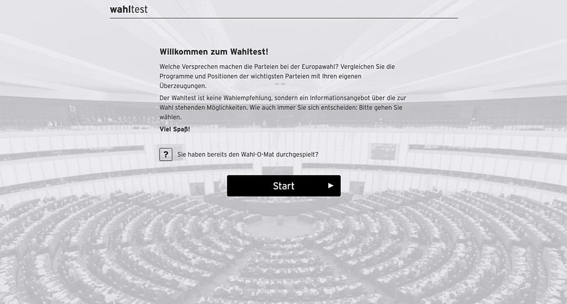 Screenshot der Startseite. Im Hintergrund das Europäische Parlament in Strasbourg
