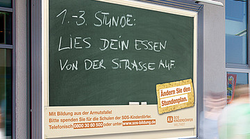 Plakatmotiv in U-Bahn - Headline: 1.3. Stunde: Lies dein essen von der Straße auf.