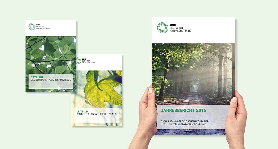 Abbildung von drei Broschüren, die wegewerk für den DNR entwarf - den Jahresbericht 2016, das Leitbild und die Satzung.