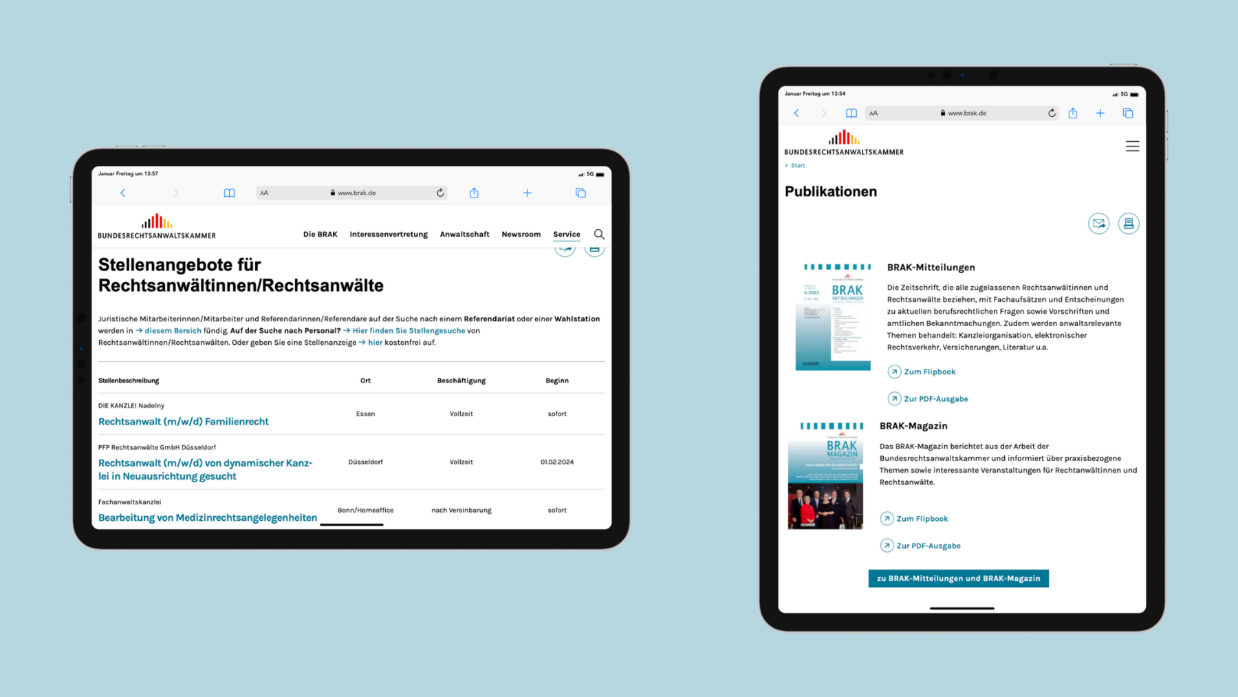 View of the job board page and the publication page on tablets.
