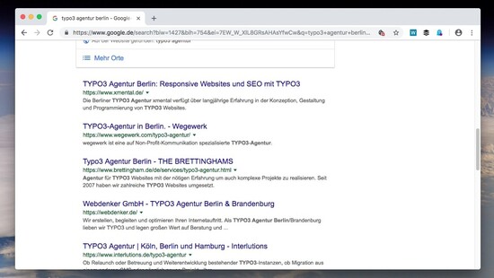 Screenshot eines Google-Suchergebnis zu "typo3 agentur berlin". wegewerk auf Platz 2.