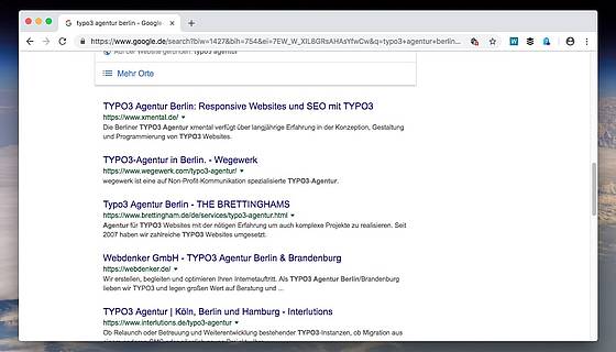 Screenshot eines Google-Suchergebnis zu "typo3 agentur berlin". wegewerk auf Platz 2.