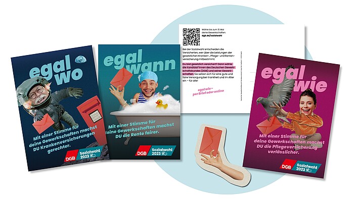 Darstellung der Hauptmotive der Kampagne (Brieftaube, Astronaut und Mensch in Badewanne) als City Cards.