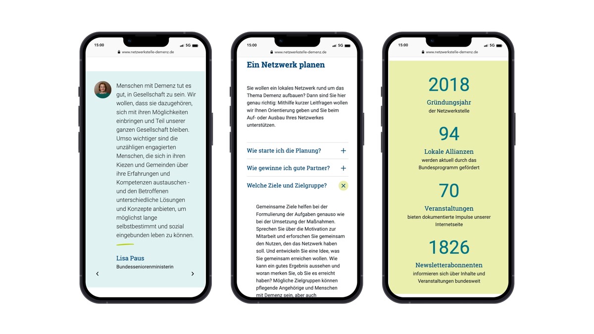 Ansicht des farbig hinterlegten Zitat-Elements, der Ausklappelemente in den FAQs und des Zähler-Elements auf einem Smartphone.