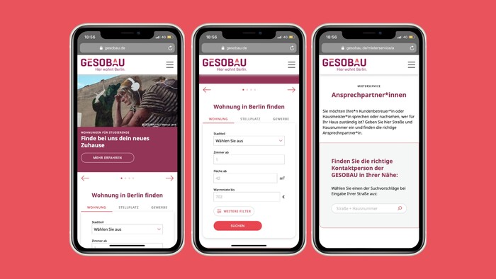 Ansichten der Startseite, der Wohnungssuche und der Seite des Mieterservices auf einem Mobilgerät.