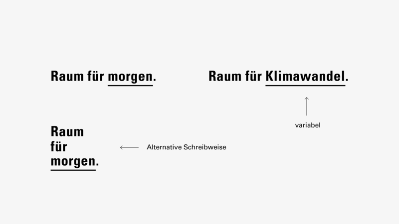 Grafische Umsetzung des Claims mit variablem Satzende und in einzeiliger sowie dreizeiliger Schreibweise. 