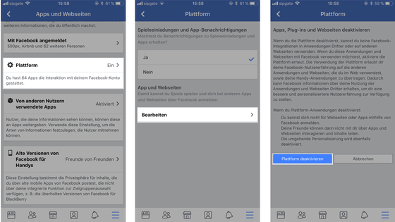 Facebook-Screenshots: Plattform deaktivieren