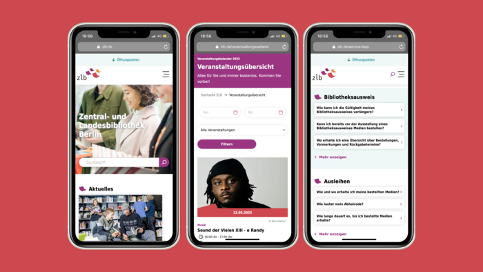 Ansicht der Startseite, des Veranstaltungskalenders und der FAQs auf einem Mobilgerät