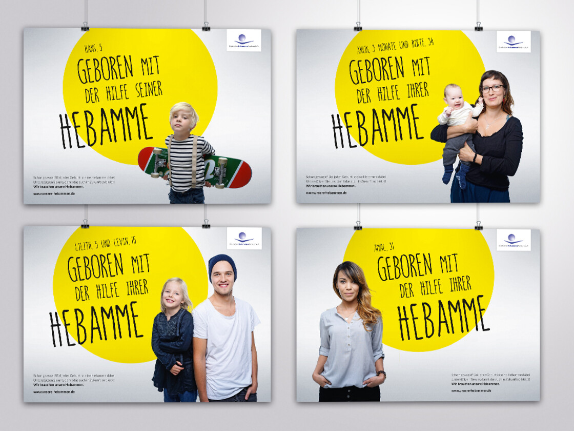 Kampagnenmotive „Geboren mit der Hilfe meiner Hebamme“ Darstellung der Verschiedenen Plakatmotive der Kampagne.