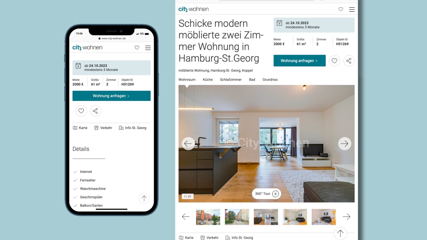 Ansicht einer Wohnungsanzeige in der Desktop- und Mobilversion.