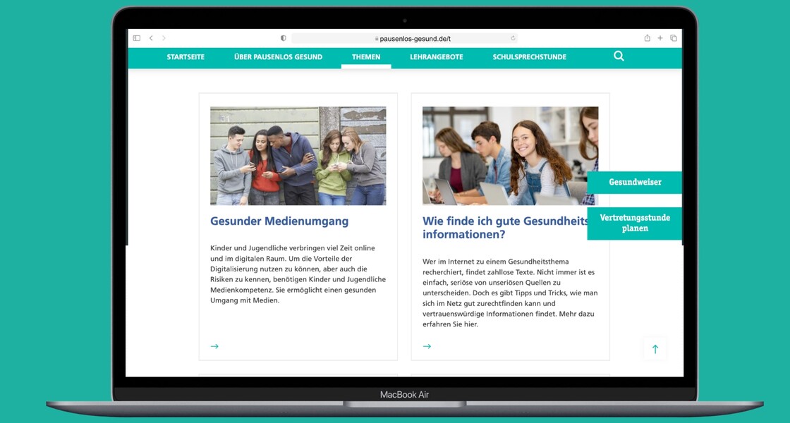 Ansicht der Themen-Seite von „Pausenlos Gesund“