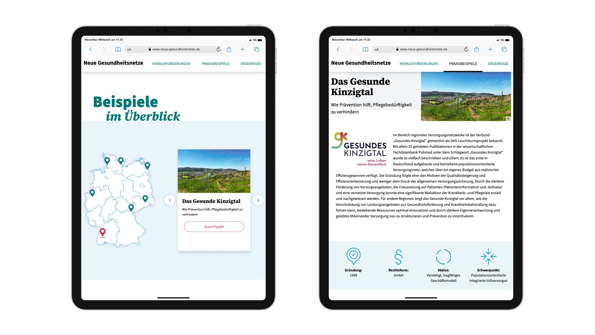 Ansicht der Karte mit Praxisbeispielen sowie einer Detailseite eines Praxisbeispiels auf Tablets.