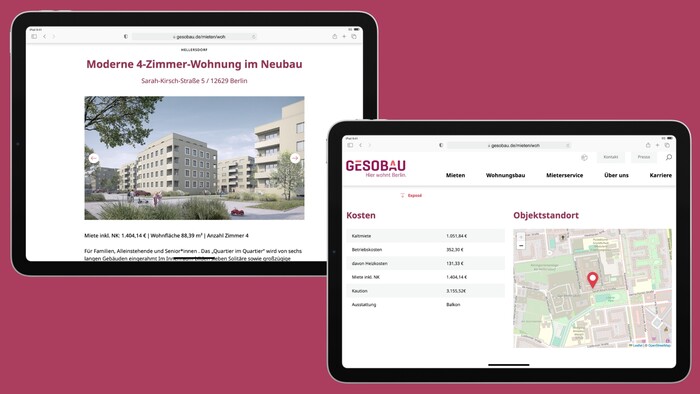Ansicht eines Wohnungsangebots mit integrierter Standortkarte auf einem Tablet