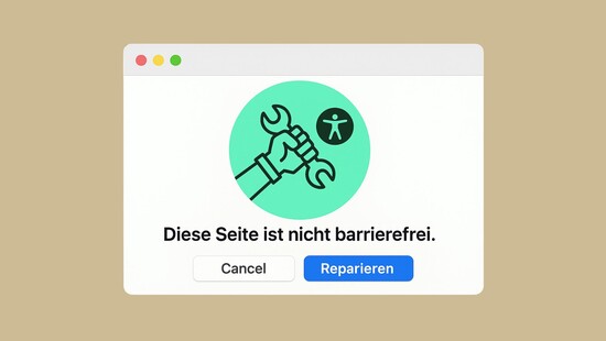 Illustration eines Fensters mit drei farbigen Punkten in der oberen linken Ecke. Ein grünes Symbol mit einem Schraubenschlüssel und einer Person zeigt an, dass die Seite nicht barrierefrei ist. Buttons mit "Abbrechen" und "Reparieren" sind darunter sichtbar.