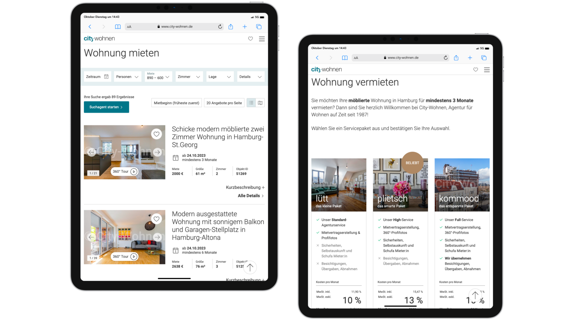Ansicht des Miet- und Vermietungsportals auf zwei Tablets.
