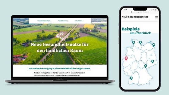 Ansicht der Startseite auf einem Macbook sowie der Karte mit Praxisbeispielen auf einem Smartphone.