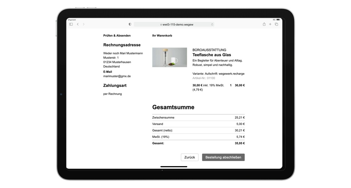 Ansicht der Seite zum Kaufabschluss mit einer Zusammenfassung der Bestelldetails.