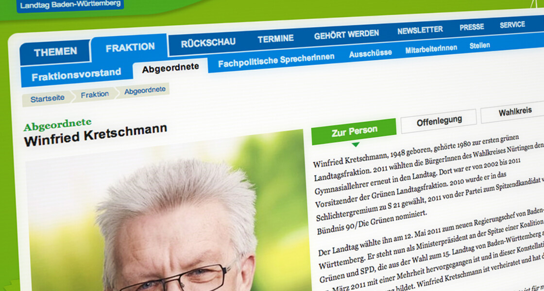 Die Detailansicht der Abgeordneten-Seite von Winfried Kretschmann Die Detailansicht der Abgeordneten-Seite von Winfried Kretschmann