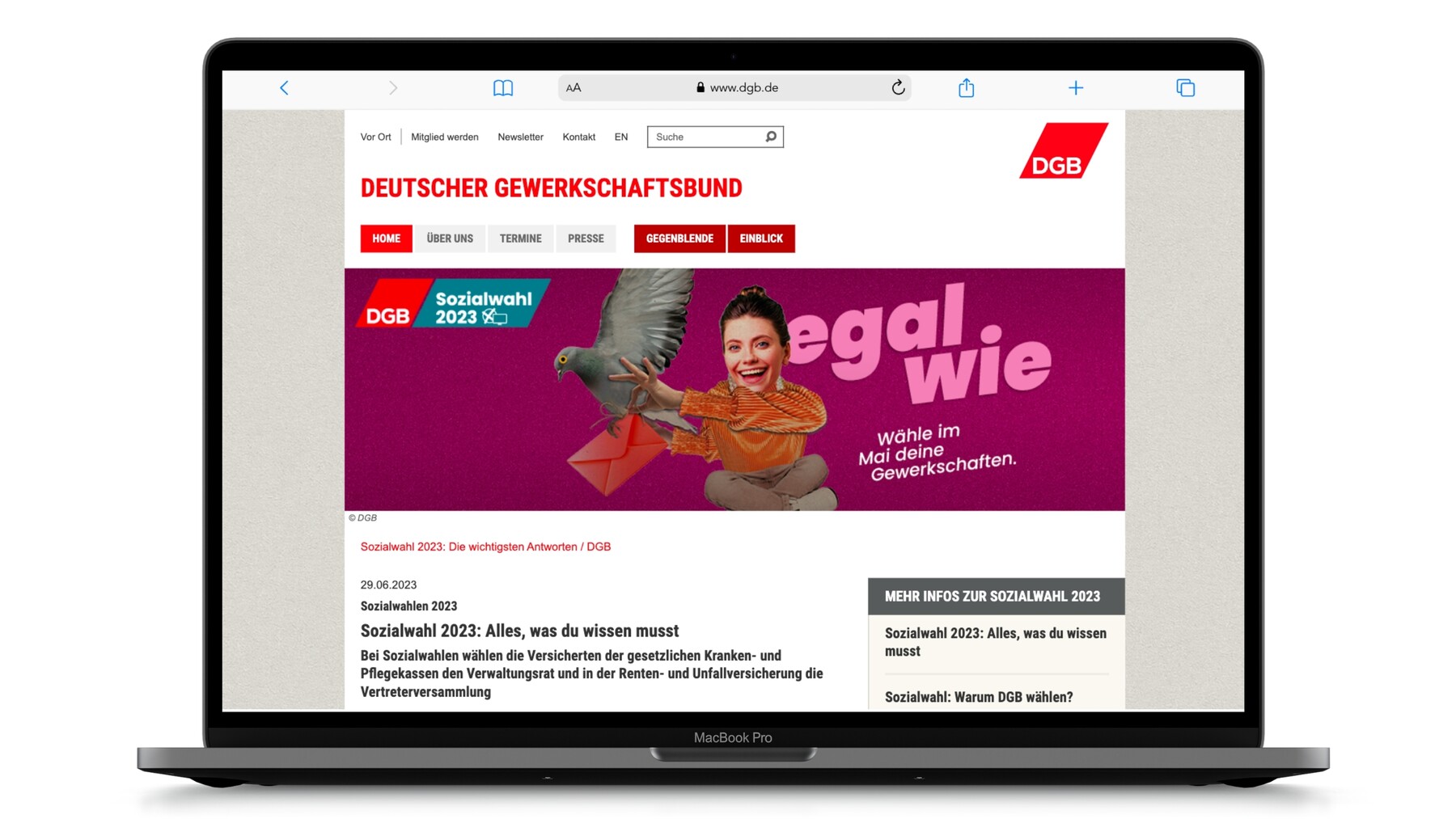 Ansicht der Webseite des DGB zur Sozialwahl auf einem Laptop.