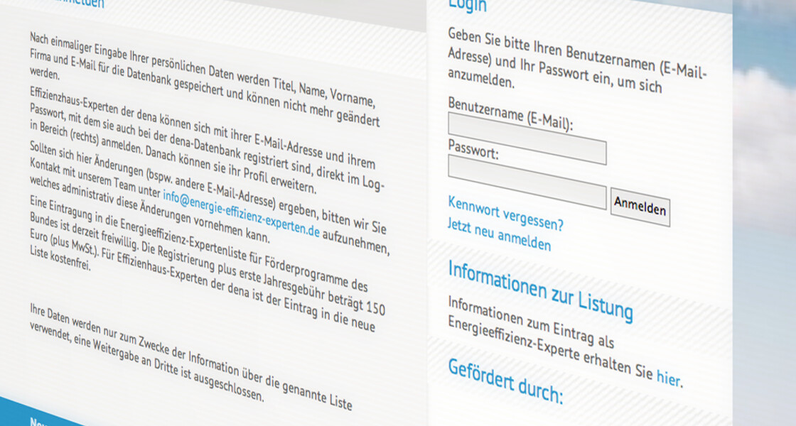 Anmeldungsseite zur Registrierung als Energieexperte 