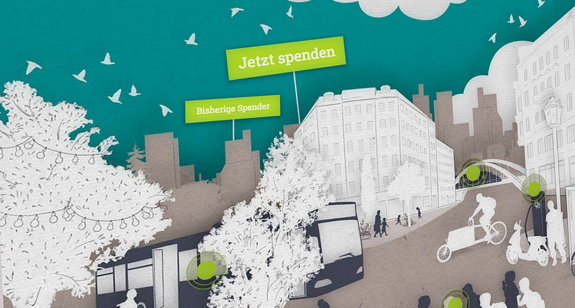 Startseite: Stadtkreuzung mit acht interaktiven Elementen