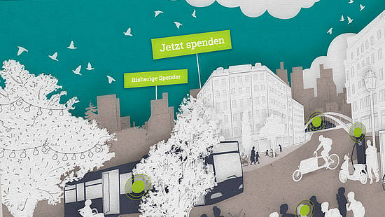Startseite: Stadtkreuzung mit acht interaktiven Elementen