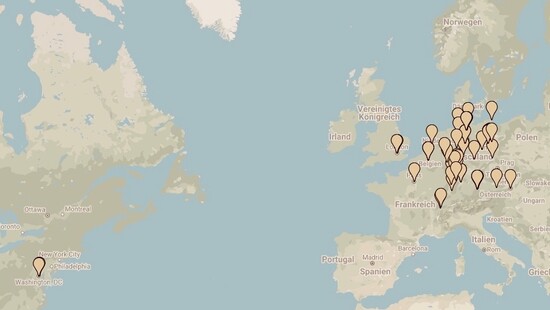 Karte von Europa und der Ostküste der USA mit Markeitunegn in Washington, Frankreich, Großbritannien, den Niederlanden, Belgien, Österreich und fast allen Regionen und Deutschland außer Franken. 