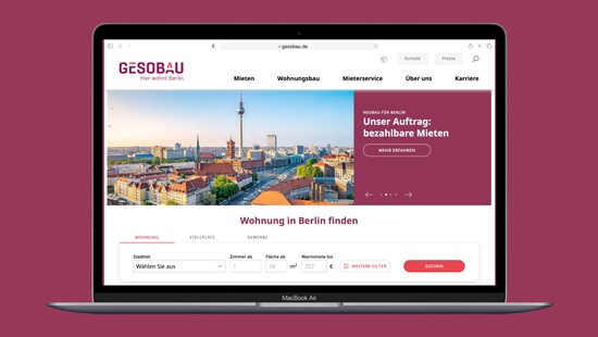 Die Startseite der neuen GESOBAU-Webseite mit Slider zu aktuellen Projekten und Wohnungssuche.