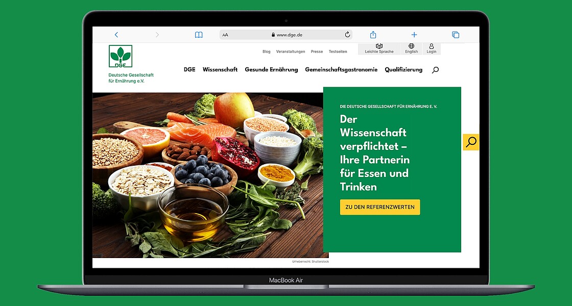 The homepage of the website of the German Nutrition Society (Deutsche Gesellschaft für Ernährung e. V.).