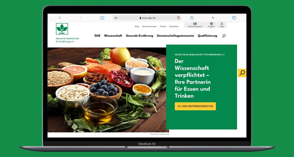 The homepage of the website of the German Nutrition Society (Deutsche Gesellschaft für Ernährung e. V.).