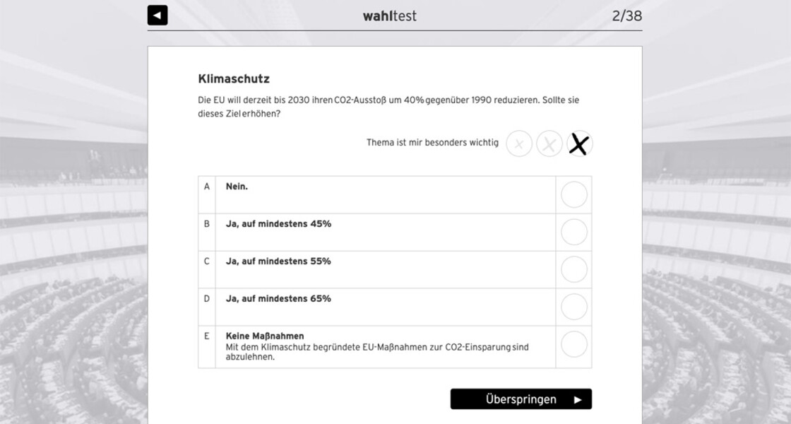 Ansicht einer Fragestellung mit fünf Antwortoptionen (nein/Ja, auf 45%, Jan auf 55%, Ja auf 65%, Keine Maßnahmen)