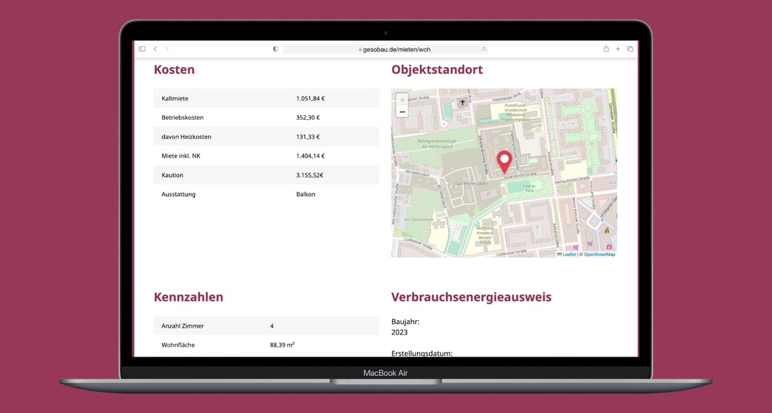 Die Detailseite zu einem Wohnungsangebot mit Kennzahlen-Übersicht und integrierter Karte zum Objektstandort.