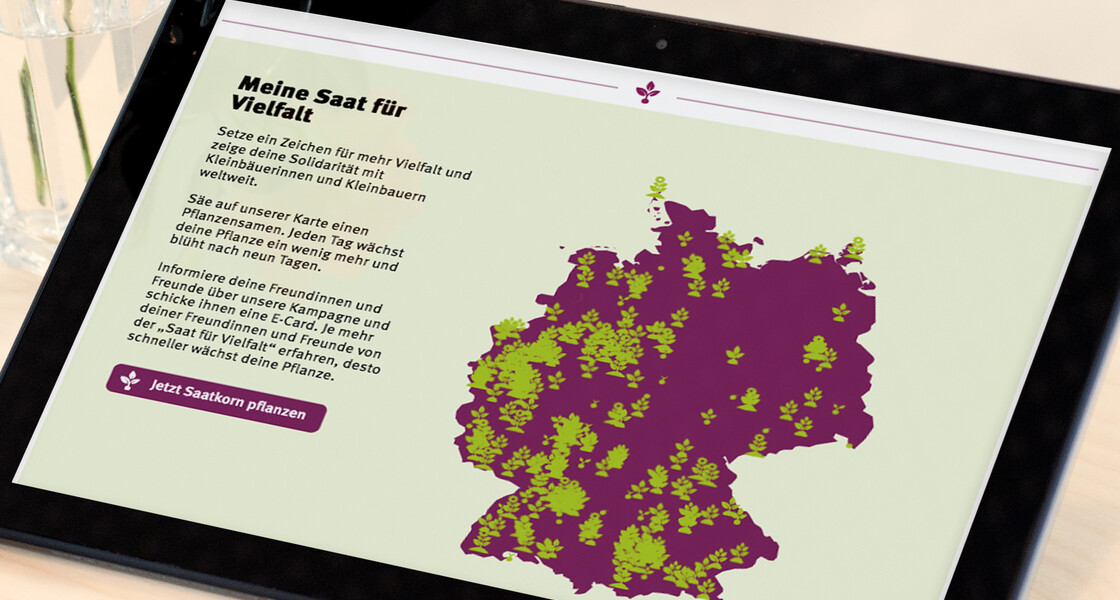 Tablet mit der interaktiven Unterstützerkarte „Meine Saat für Vielfalt“