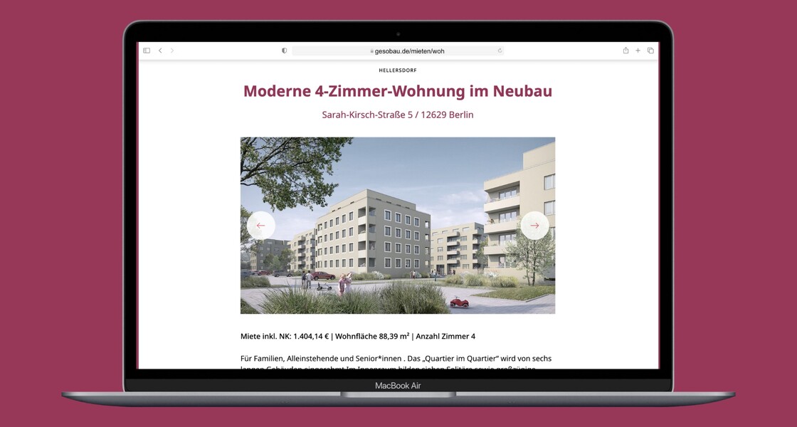 Die Detailseite einer Wohnung in einem aktuellen Neubauprojekt mit Vorschaufotos und Informationen.