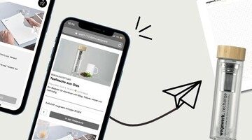Ansicht des Beispielshops auf einem Tablet, dazu die Beschreibung "Das Shopsystem für TYPO3".