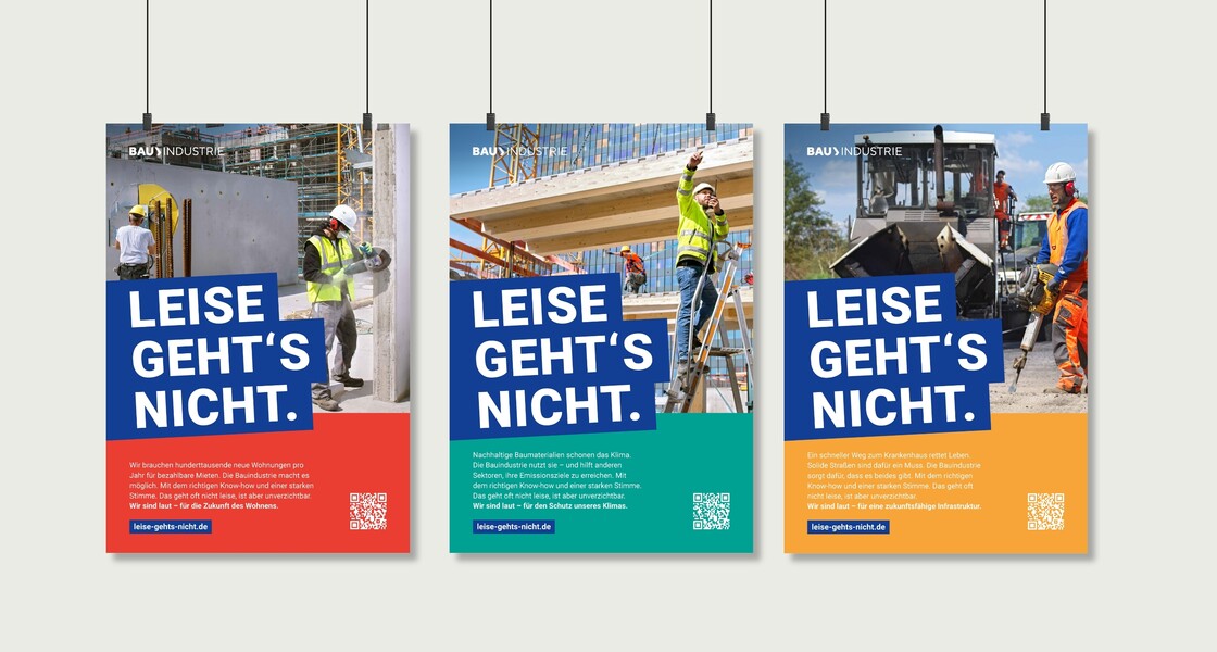 Plakate im Kampagnendesign zur Relevanz der BAUINDUSTRIE in verschiedenen Alltagsbereichen.