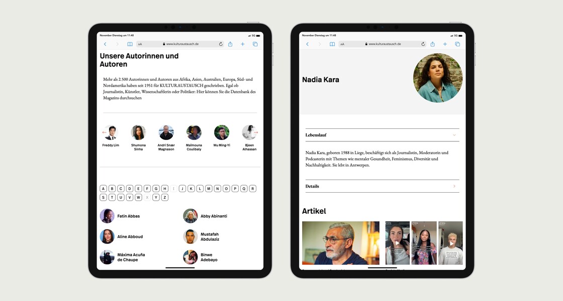 Ansicht des Autor*innen-Verzeichnisses sowie einer Autor*innen-Seite mit Lebenslauf, Details und Artikeln der Autorin auf zwei Tablets.