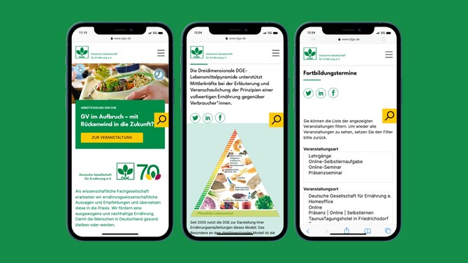 Ansicht der Startseite, der Ernährungspyramide sowie der Fortbildungsseite auf einem Smartphone.