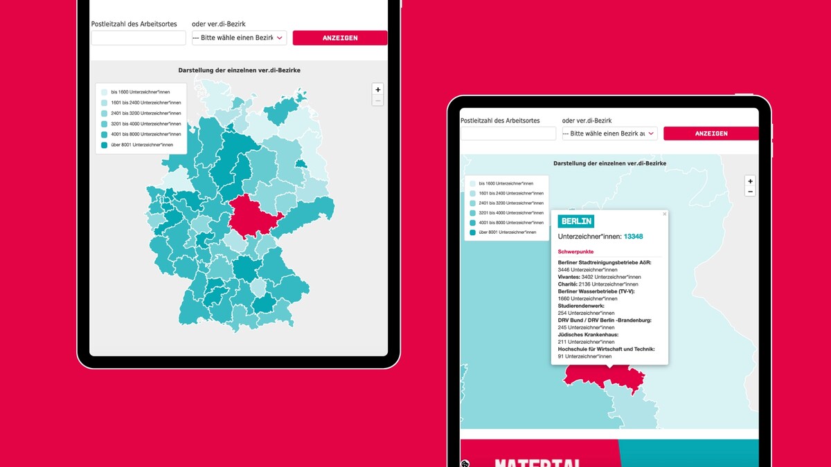 Anzeige des Kartenmoduls, das die Unterstützung in den einzelnen Bezirken visualisiert.