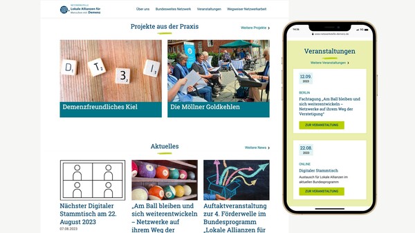 Ansicht der Abschnitte „Projekte aus der Praxis“ und „Aktuelles“ in der Web-Version sowie des Abschnitts „Veranstaltungen“ auf einem Mobilgerät.