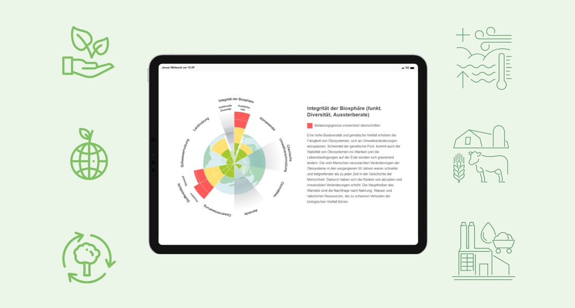 Darstellung verschiedener Icons und einer Infografik auf einem Tablet.