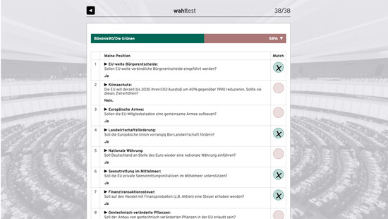Screenshot of an expanded result, showing the complete questionnaire, matching answers in green and not matching answers in red