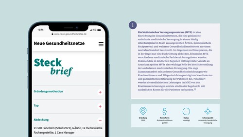 Ansicht des Praxisprojekt-Steckbriefes auf einem Smartphone sowie einem Infokasten-Element und einem Element mit grafischen Darstellungen von Projekt-Eckdaten.