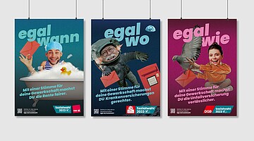 Darstellung der drei Hauptmotive der Kampagne auf Plakaten mit den Slogans "egal wo", "egal wann" und "egal wie".