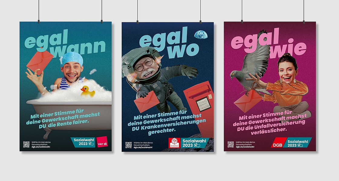 Darstellung der drei Hauptmotive der Kampagne auf Plakaten mit den Slogans "egal wo", "egal wann" und "egal wie".