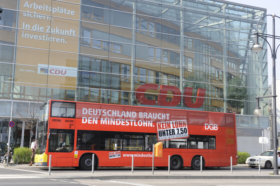 View of a demonstration with red banners.