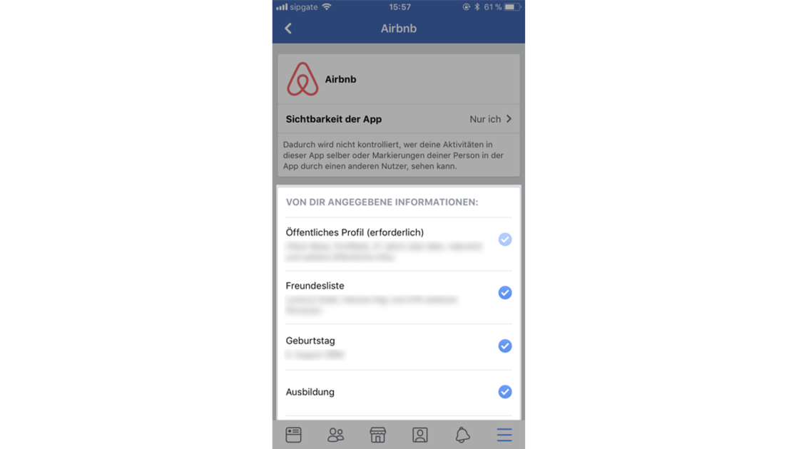 Facebook Screenshot: Zugriff von Apps einschränken