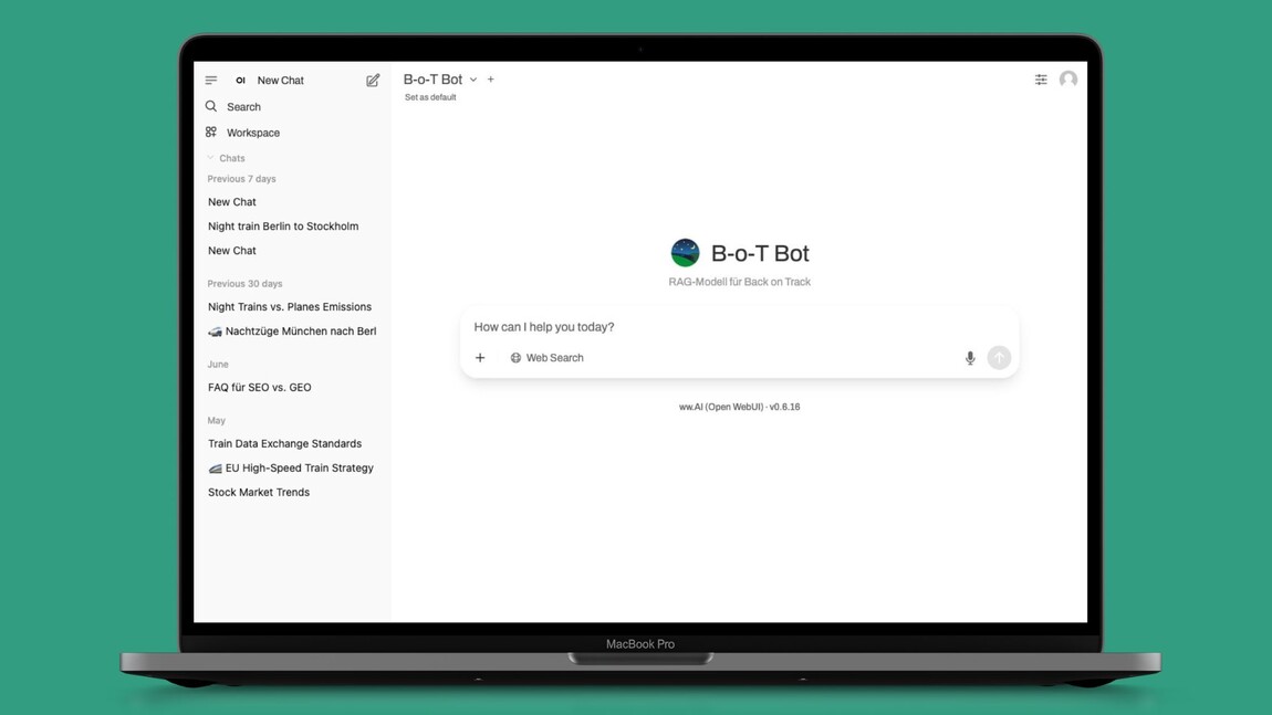 Anischt eines Computers mit dem Interface eines GPT, über dem Prompt das Logo von Back-on-Track und der Schriftzug B-o-T Bot
