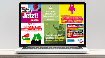 Ansicht eines Macbook mit Social Media Anzeigen verschiedender Parteien