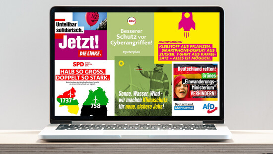 Ansicht eines Macbook mit Social Media Anzeigen verschiedender Parteien